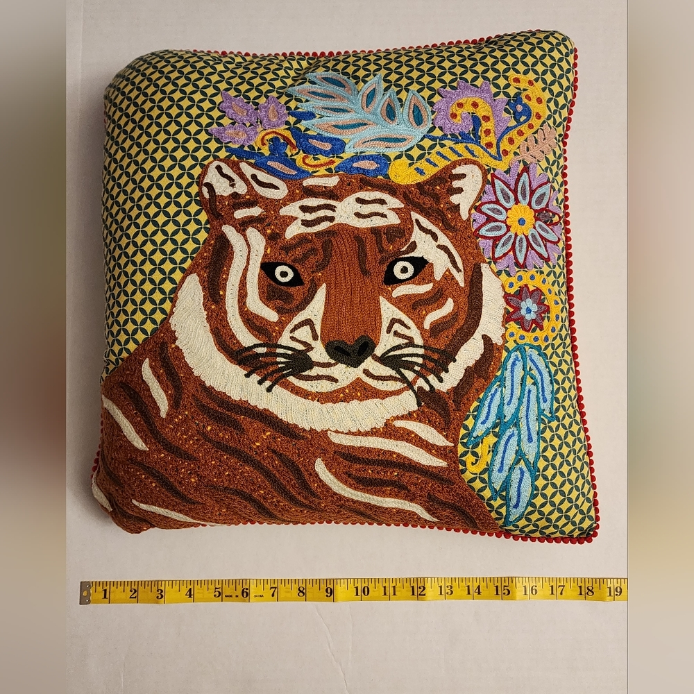 NWT- Karma Living Embroidered Tiger Accenr Pillow. 18inx18in, 2 PILLOWS INCLUDED